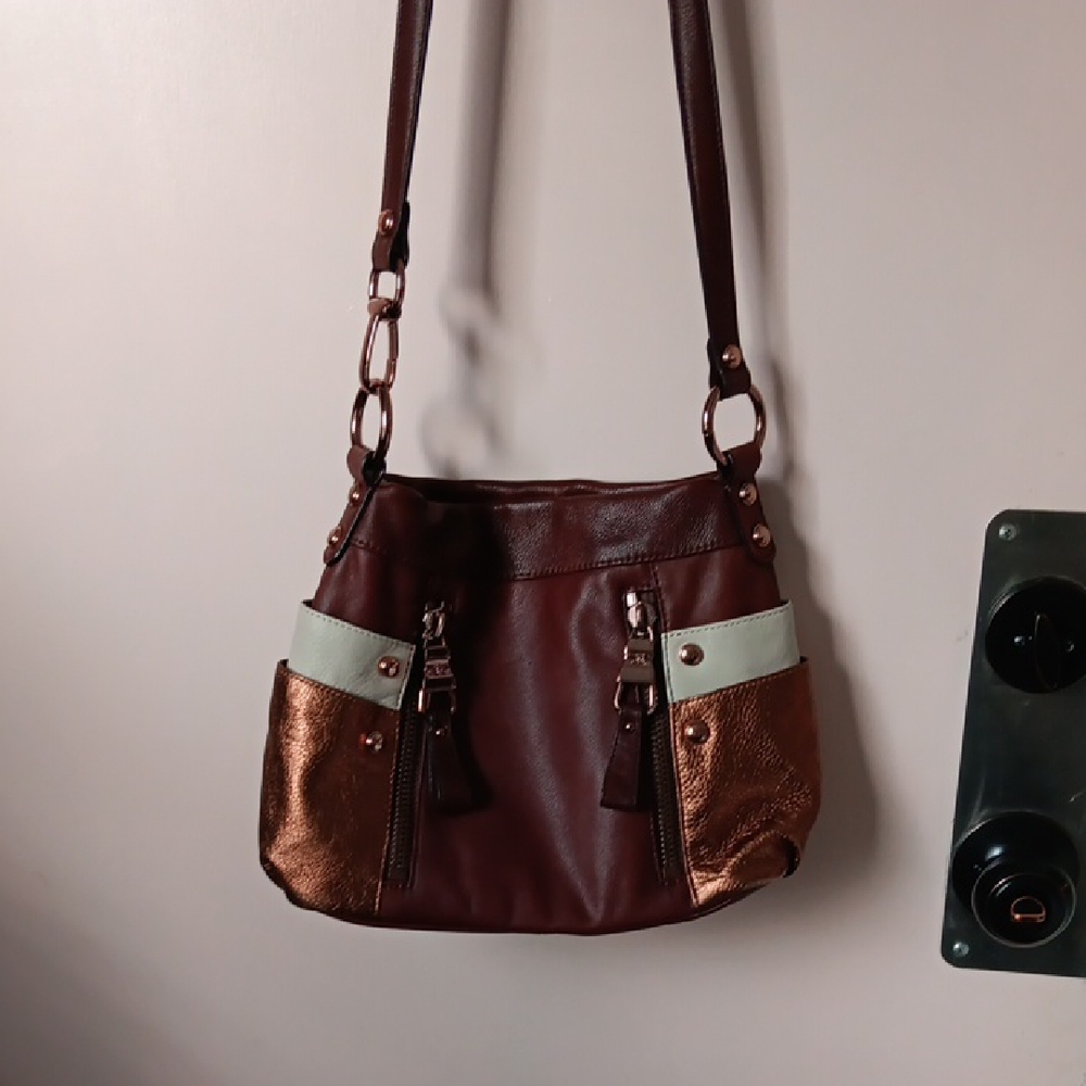 Brown, Cream & Metallic B. Makowsky Crosdbody with Rose Gold Hardware